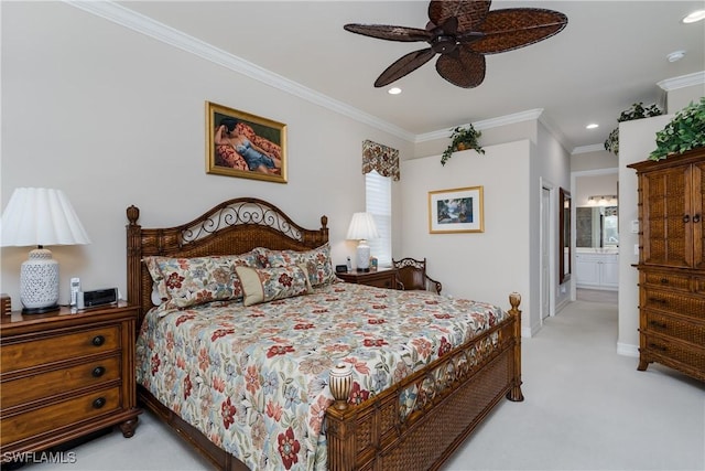 bedroom featuring baseboards, connected bathroom, ornamental molding, carpet, and recessed lighting