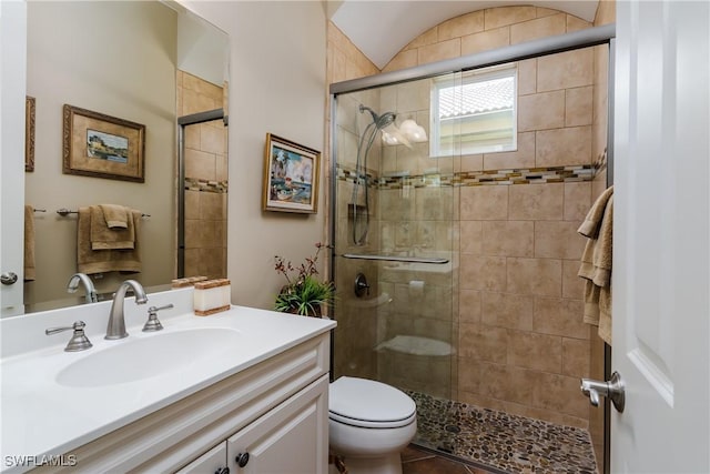 full bathroom featuring a stall shower, vanity, and toilet