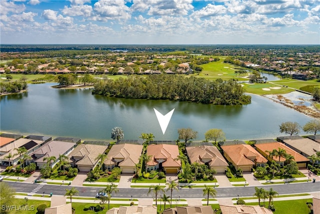 aerial view featuring a water view and a residential view