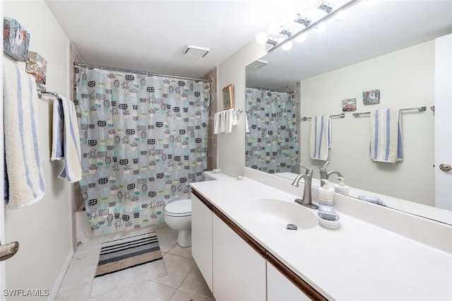 bathroom featuring shower / tub combo with curtain, visible vents, toilet, vanity, and tile patterned flooring