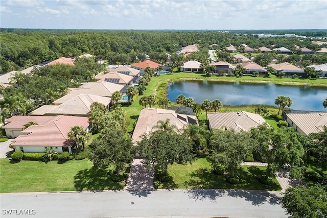 aerial view featuring a water view and a residential view