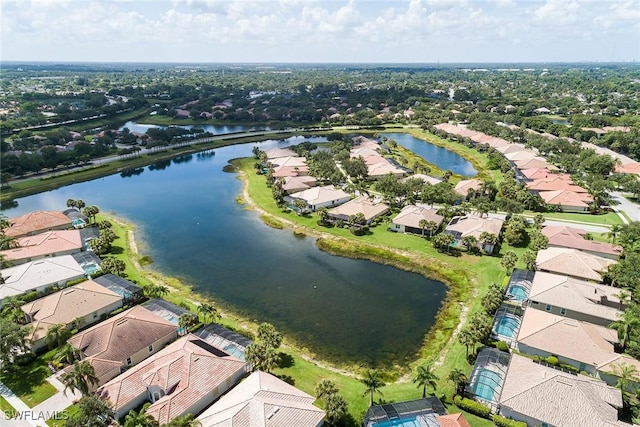 aerial view featuring a water view and a residential view