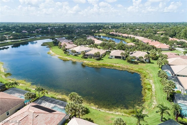 bird's eye view featuring a water view and a residential view