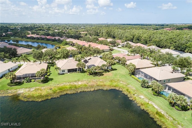 aerial view with a water view and a residential view