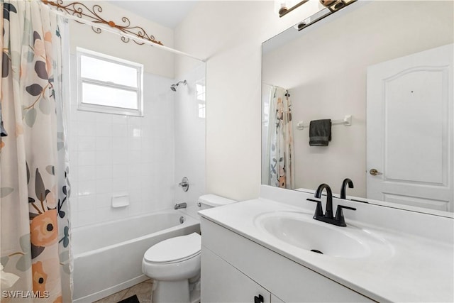 full bathroom with shower / bath combo, vanity, and toilet