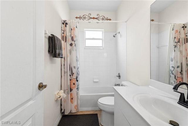 bathroom featuring tile patterned flooring, shower / bathtub combination with curtain, toilet, and vanity