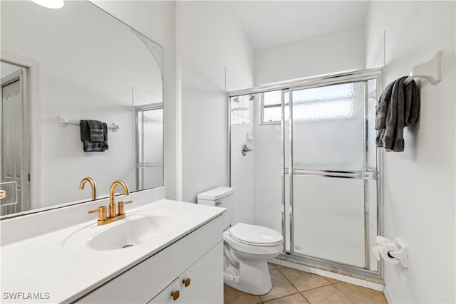 full bath with a stall shower, vanity, toilet, and tile patterned floors