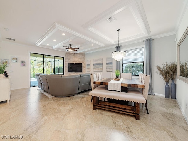 dining room with ornamental molding, recessed lighting, visible vents, and baseboards