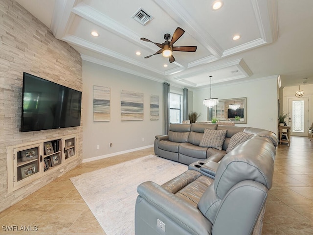 living room featuring visible vents, coffered ceiling, beamed ceiling, and ornamental molding