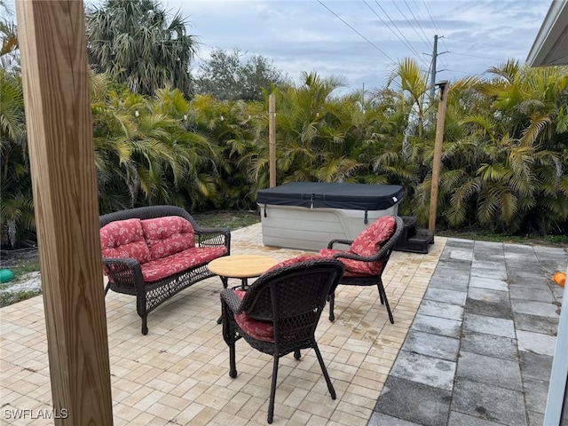 view of patio featuring a hot tub