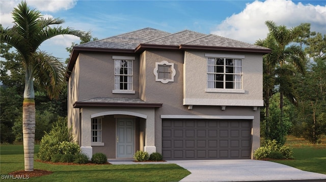 view of front of home with roof with shingles, stucco siding, concrete driveway, a front yard, and a garage