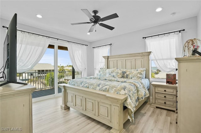 bedroom featuring recessed lighting, light wood-style flooring, a ceiling fan, and access to outside