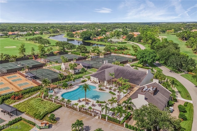 aerial view featuring view of golf course and a water view