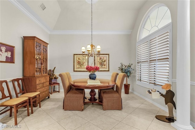 dining room with a notable chandelier, light tile patterned floors, visible vents, high vaulted ceiling, and baseboards