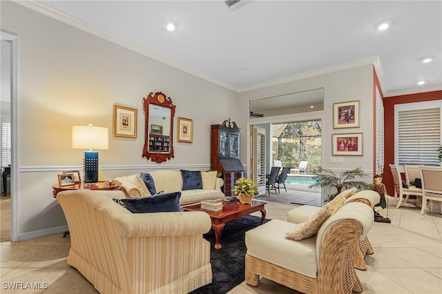 living room with crown molding, light tile patterned floors, recessed lighting, visible vents, and a sunroom