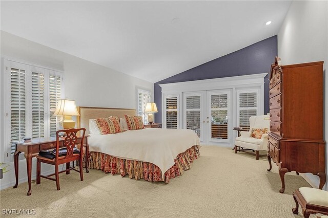 carpeted bedroom featuring access to outside, french doors, vaulted ceiling, and recessed lighting