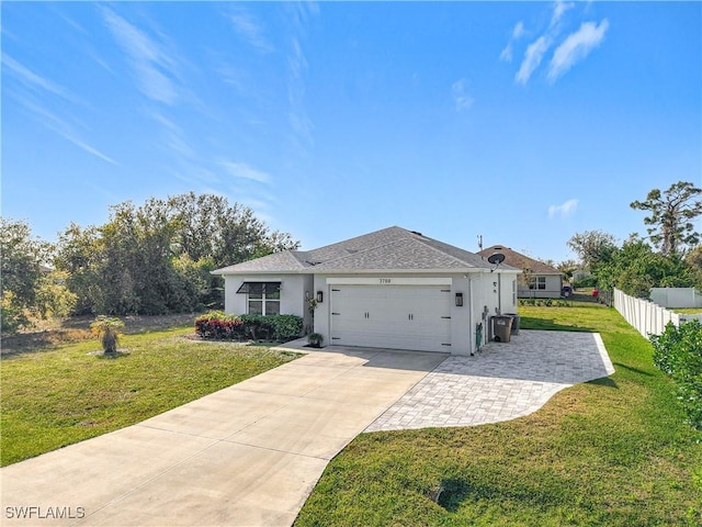 ranch-style home featuring a garage, concrete driveway, fence, a front yard, and stucco siding