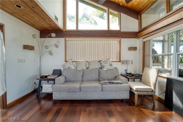 living area with baseboards, visible vents, wood ceiling, dark wood-type flooring, and beam ceiling