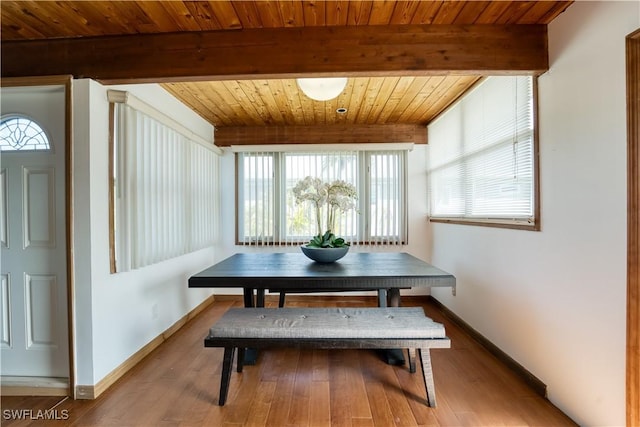 dining space featuring breakfast area, wood ceiling, wood finished floors, beamed ceiling, and baseboards