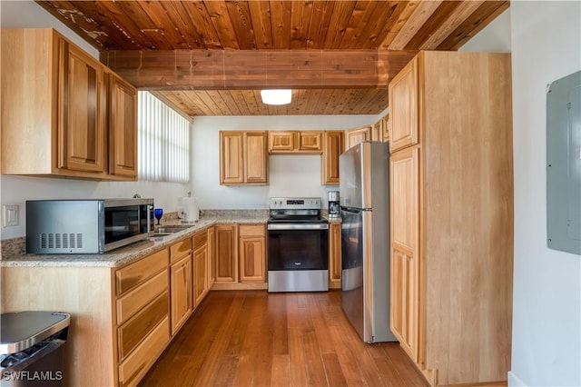 kitchen with stainless steel appliances, wood finished floors, wood ceiling, electric panel, and light stone countertops