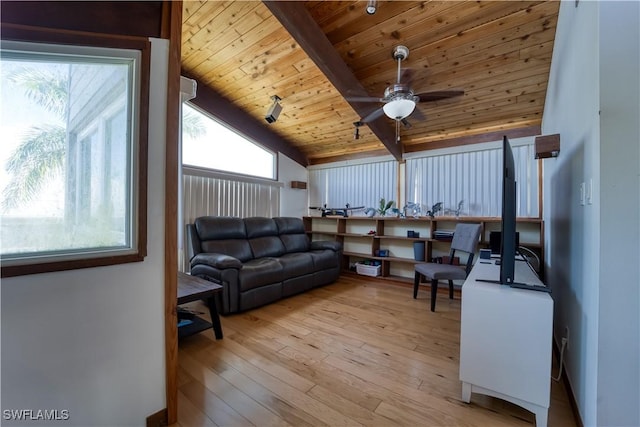 living room with lofted ceiling with beams, wooden ceiling, light wood-style flooring, and a ceiling fan