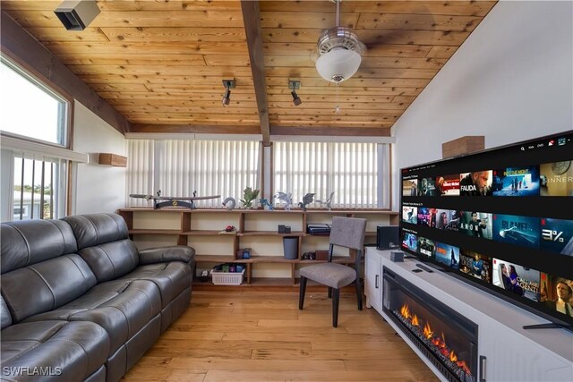 living area featuring light wood-type flooring, wood ceiling, and lofted ceiling