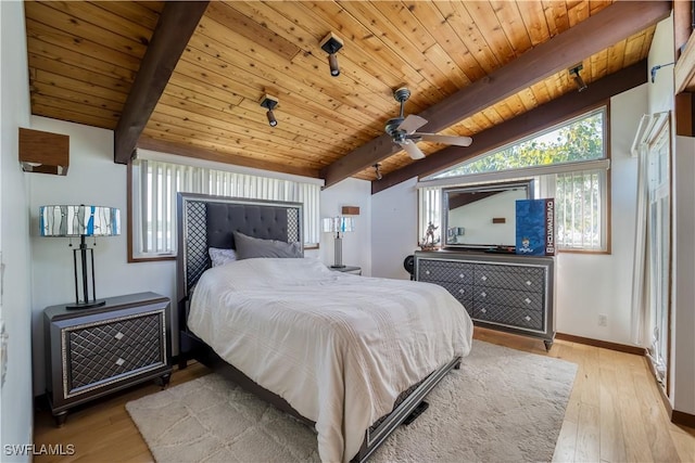 bedroom with lofted ceiling with beams, light wood-type flooring, wood ceiling, and baseboards