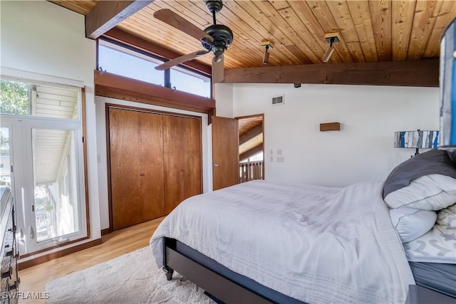 bedroom with wooden ceiling, visible vents, multiple windows, and wood finished floors