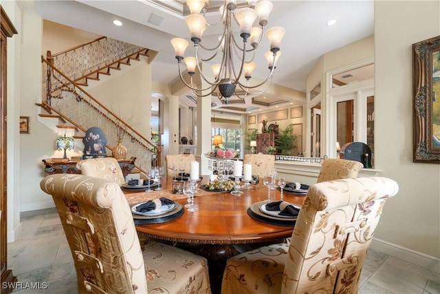 dining room featuring stairway, baseboards, a chandelier, and recessed lighting