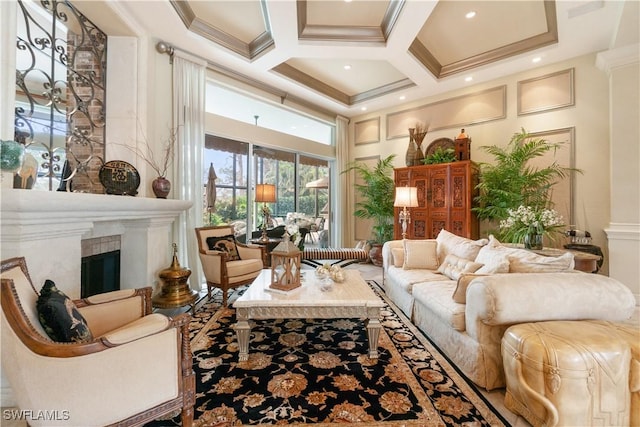 interior space featuring crown molding, a towering ceiling, a premium fireplace, coffered ceiling, and beamed ceiling