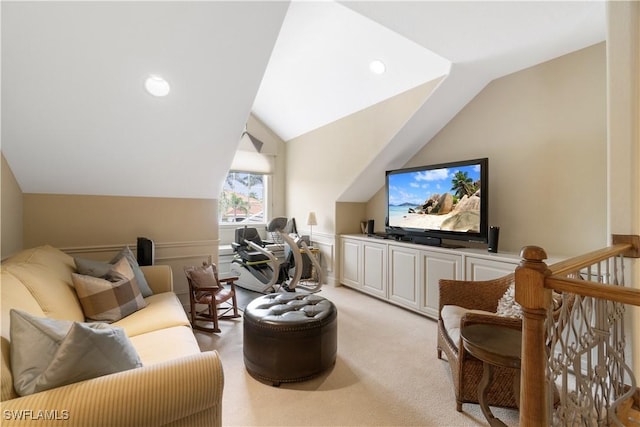 interior space featuring vaulted ceiling, recessed lighting, and light colored carpet