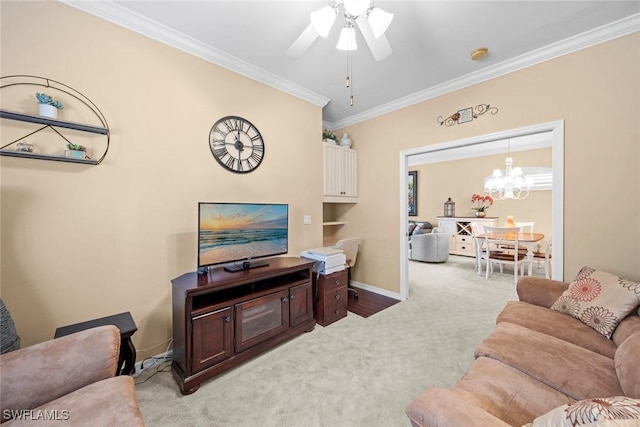 living area with light carpet, baseboards, crown molding, and ceiling fan with notable chandelier