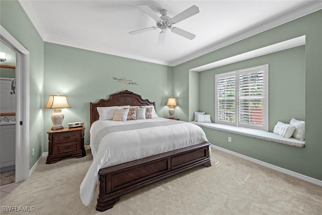 bedroom featuring carpet, crown molding, and baseboards