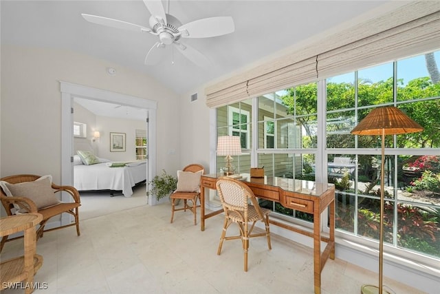 sitting room featuring visible vents, lofted ceiling, and a ceiling fan