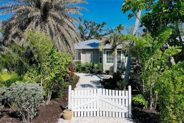 view of property hidden behind natural elements with a gate