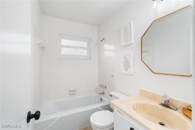 full bathroom with bathtub / shower combination, vanity, and toilet