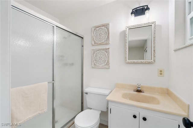 full bath with toilet, a stall shower, and vanity