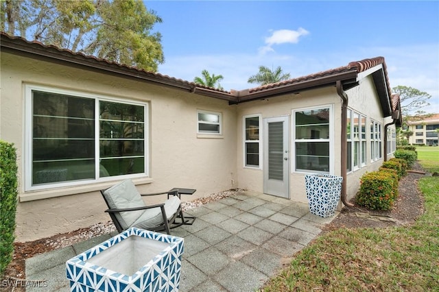 rear view of house featuring a patio area and stucco siding