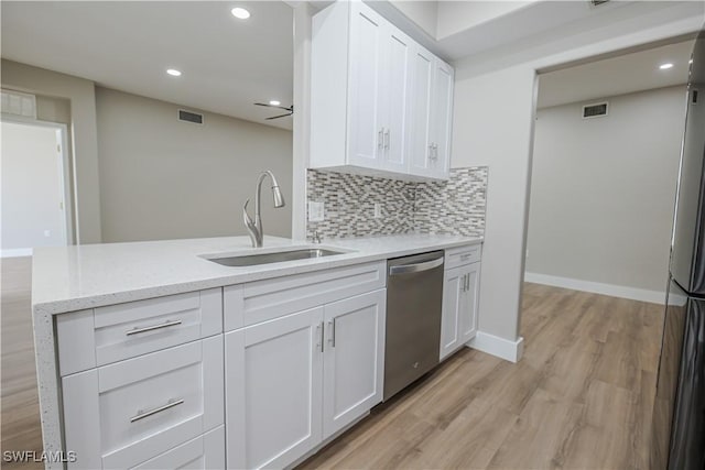 kitchen featuring a sink, white cabinetry, visible vents, stainless steel dishwasher, and tasteful backsplash