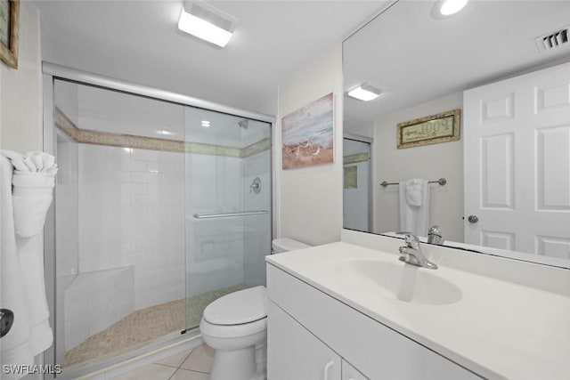 bathroom featuring a stall shower, visible vents, toilet, tile patterned flooring, and vanity