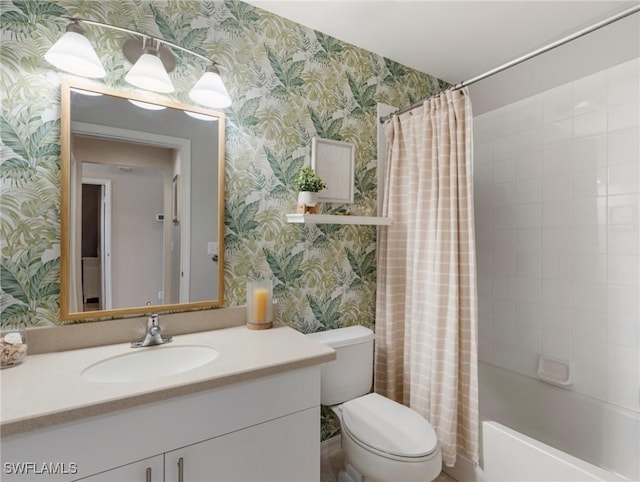 full bath with toilet, shower / bathtub combination with curtain, vanity, and wallpapered walls