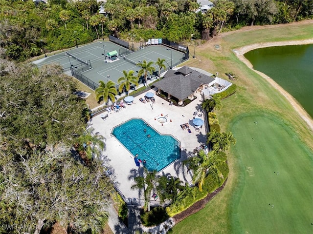 drone / aerial view featuring a water view