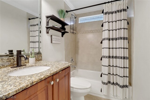 full bathroom with toilet, shower / tub combo, ornamental molding, and vanity