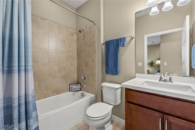 bathroom with shower / tub combo with curtain, vanity, toilet, and tile patterned floors