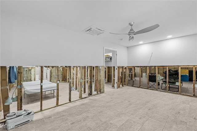 empty room featuring recessed lighting, visible vents, and ceiling fan