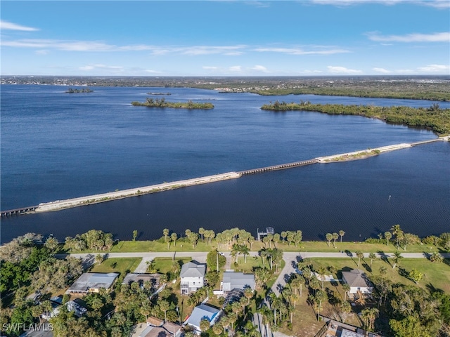 bird's eye view with a water view