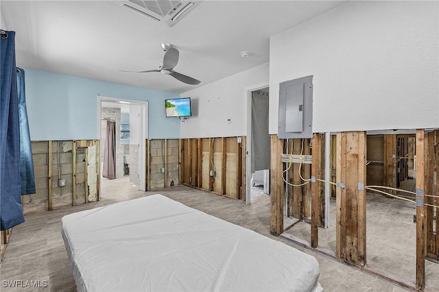 bedroom with a wainscoted wall, electric panel, ceiling fan, and visible vents