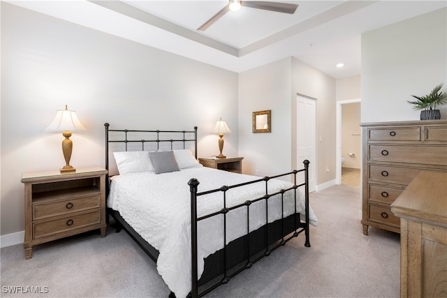 bedroom with recessed lighting, light carpet, and baseboards