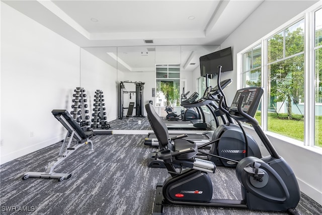 exercise room with a raised ceiling, visible vents, and baseboards