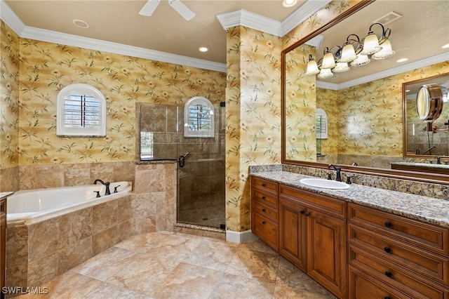 full bathroom with a garden tub, plenty of natural light, and ornamental molding